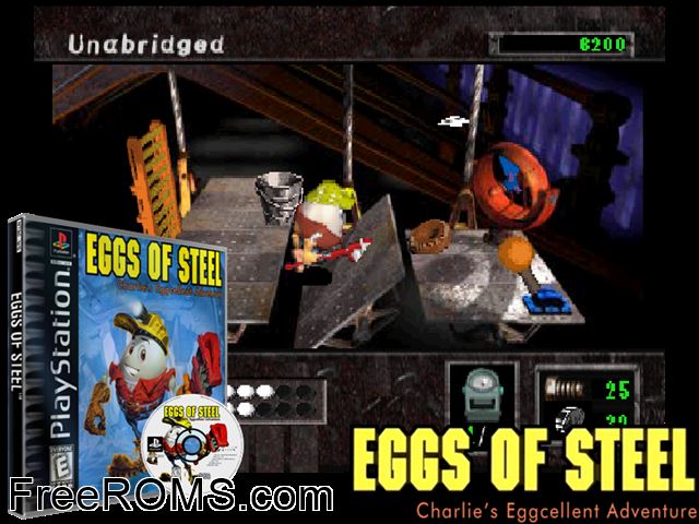 Eggs Of Steel - Charlies Eggcellent Adventure PSX game showing 3D box cover and gameplay screenshot