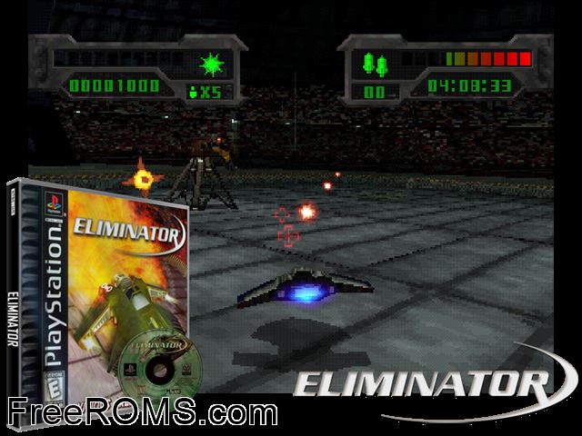 Eliminator PSX game showing 3D box cover and gameplay screenshot