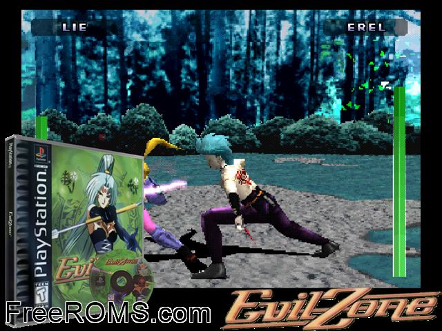 Evil Zone PSX game showing 3D box cover and gameplay screenshot