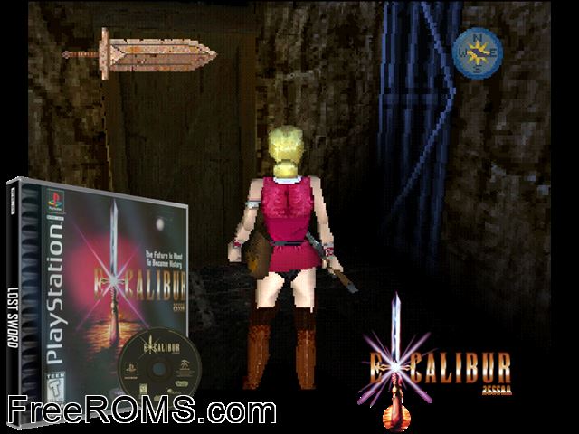 Excalibur 2555 A.D. PSX game showing 3D box cover and gameplay screenshot