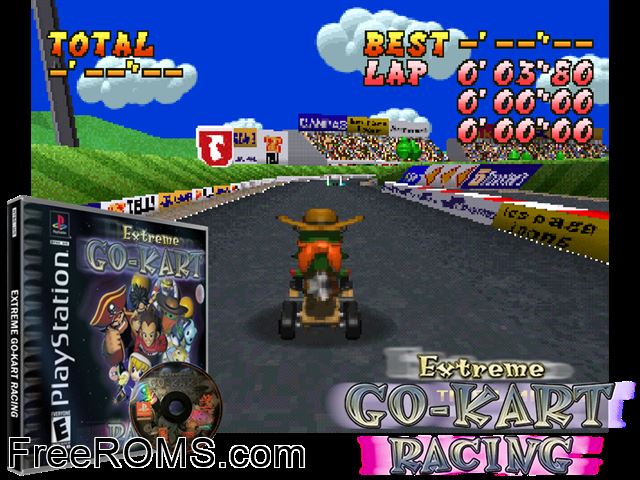 Extreme Go-Kart Racing PSX game showing 3D box cover and gameplay screenshot