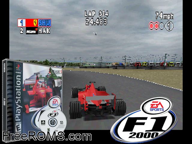 F1 2000 PSX game showing 3D box cover and gameplay screenshot