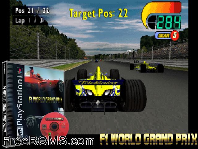 F1 World Grand Prix 2000 PSX game showing 3D box cover and gameplay screenshot