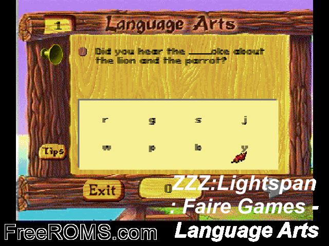 Faire Games - Language Arts PSX game showing 3D box cover and gameplay screenshot