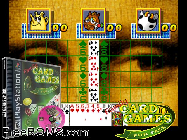 Family Card Game Fun Pak PSX game showing 3D box cover and gameplay screenshot