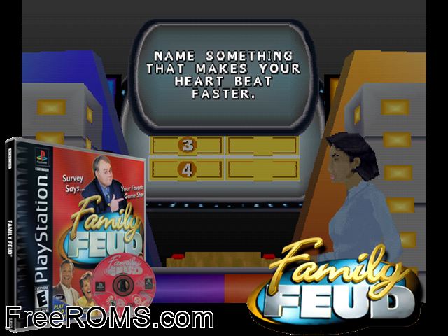 Family Feud PSX game showing 3D box cover and gameplay screenshot