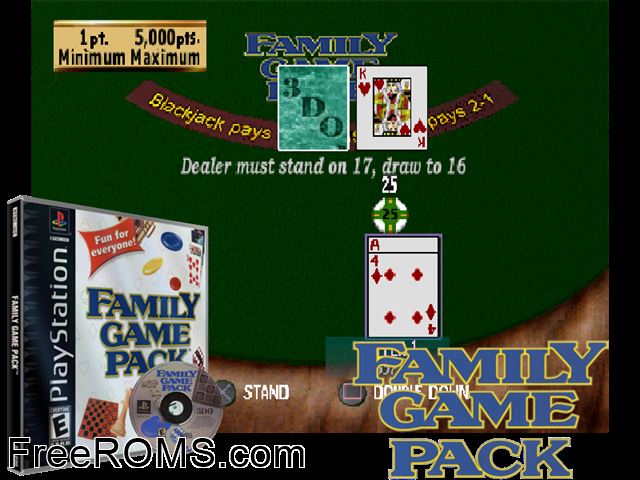 Family Game Pack PSX game showing 3D box cover and gameplay screenshot