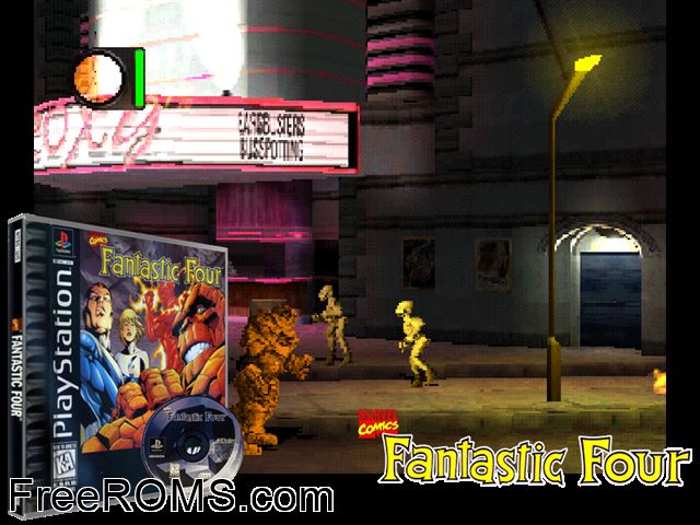 Fantastic Four PSX game showing 3D box cover and gameplay screenshot