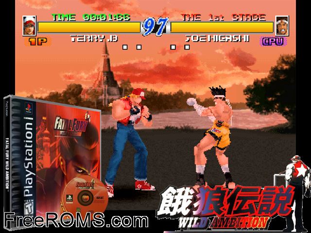 Fatal Fury - Wild Ambition PSX game showing 3D box cover and gameplay screenshot