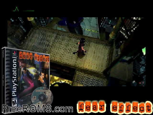 Fear Effect (Disc 1) PSX game showing 3D box cover and gameplay screenshot