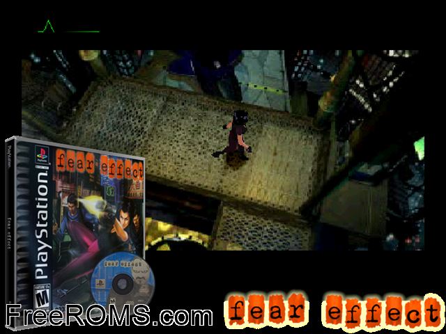 Fear Effect (Disc 2) PSX game showing 3D box cover and gameplay screenshot