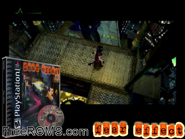 Fear Effect (Disc 3) PSX game showing 3D box cover and gameplay screenshot