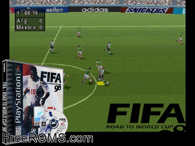 FIFA - Road to World Cup '98 PSX game showing 3D box cover and gameplay screenshot