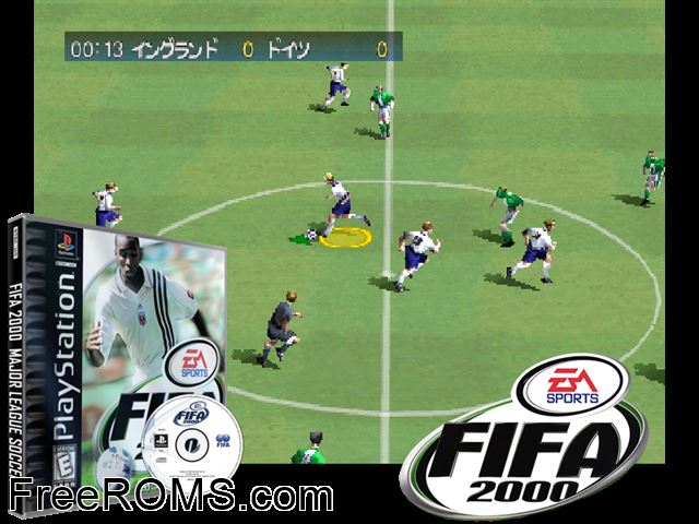 FIFA 2000 - Major League Soccer PSX game showing 3D box cover and gameplay screenshot