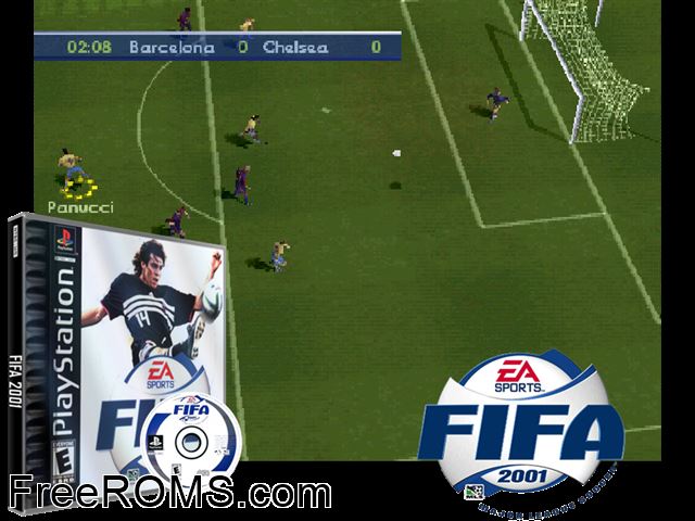 FIFA 2001 PSX game showing 3D box cover and gameplay screenshot