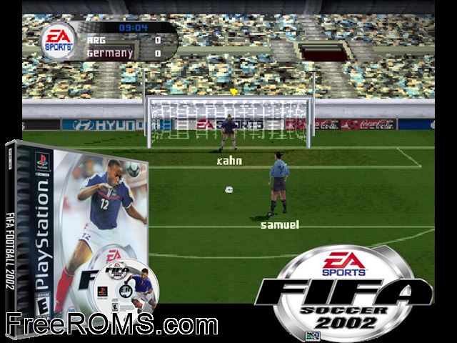 FIFA 2002 PSX game showing 3D box cover and gameplay screenshot