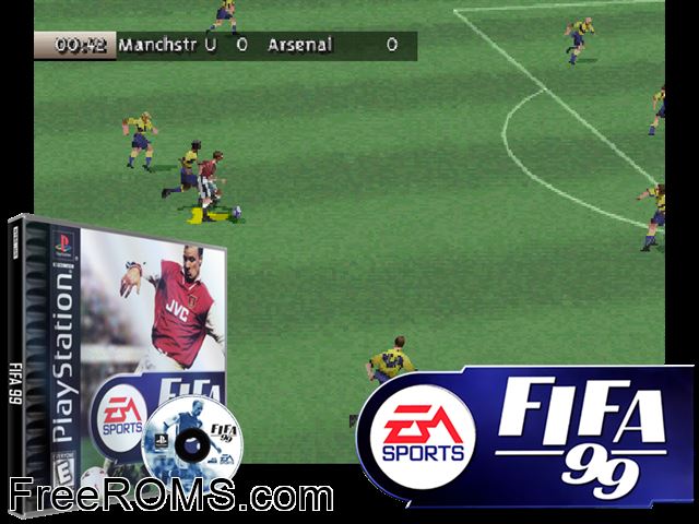 FIFA 99 PSX game showing 3D box cover and gameplay screenshot