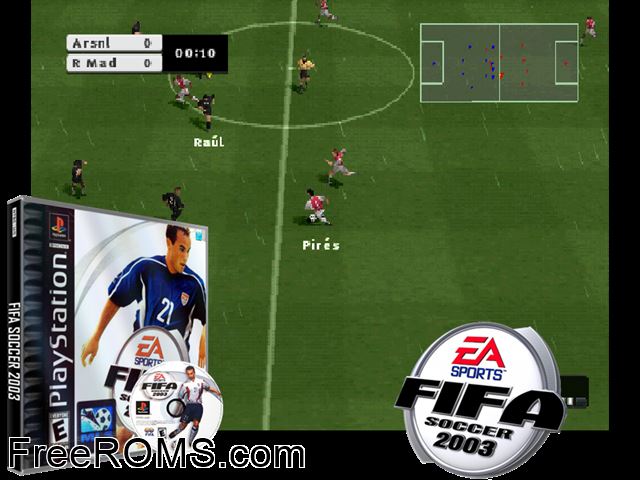 FIFA Soccer 2003 PSX game showing 3D box cover and gameplay screenshot