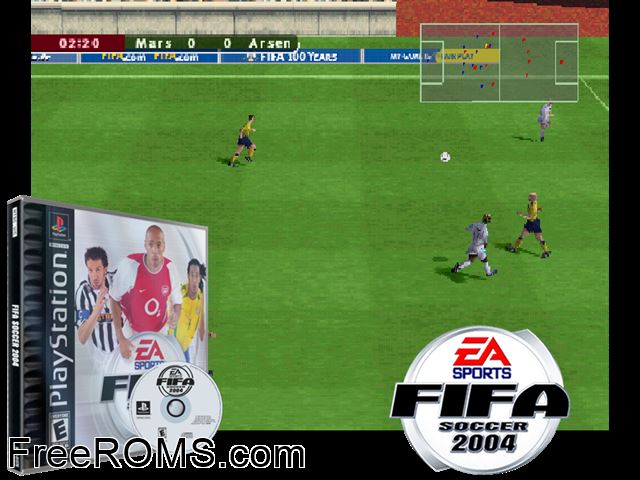 FIFA Soccer 2004 PSX game showing 3D box cover and gameplay screenshot