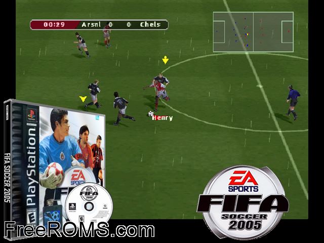 FIFA Soccer 2005 PSX game showing 3D box cover and gameplay screenshot