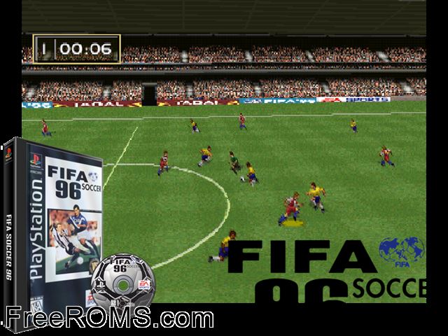 FIFA Soccer 96 PSX game showing 3D box cover and gameplay screenshot