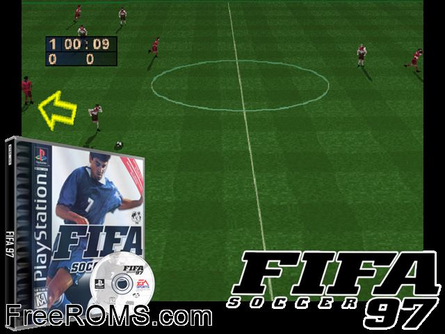 FIFA Soccer '97 PSX game showing 3D box cover and gameplay screenshot
