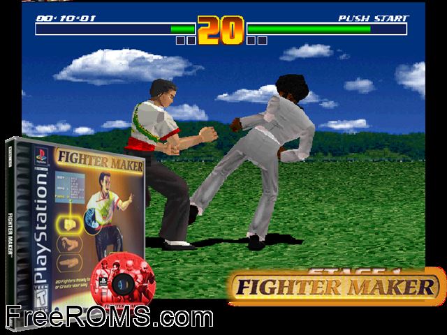 Fighter Maker PSX game showing 3D box cover and gameplay screenshot