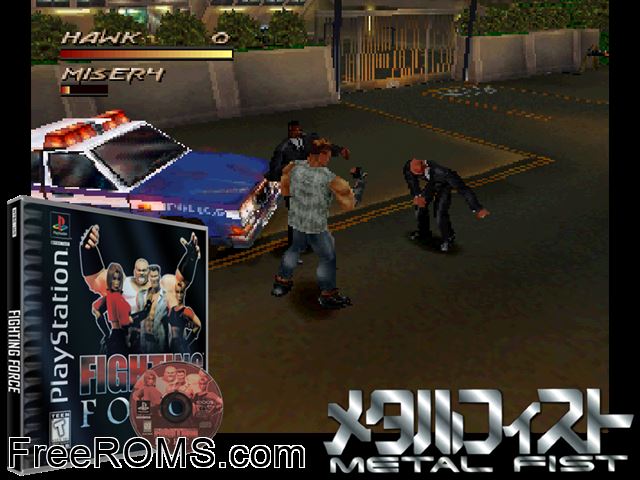 Fighting Force PSX game showing 3D box cover and gameplay screenshot