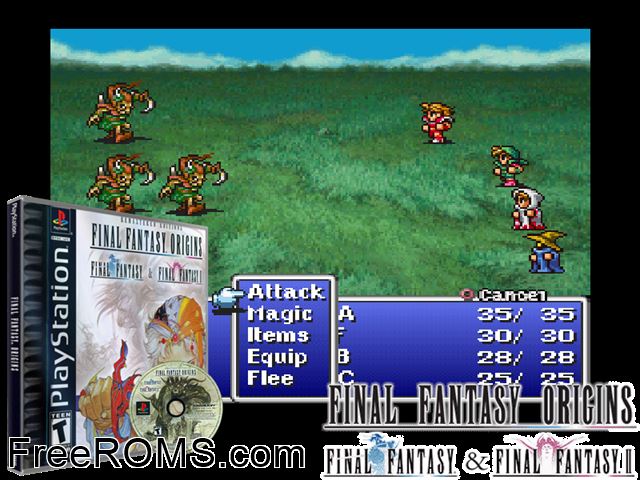 Final Fantasy Origins (v1.1) PSX game showing 3D box cover and gameplay screenshot