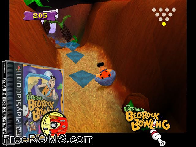 Flintstones Bedrock Bowling PSX game showing 3D box cover and gameplay screenshot
