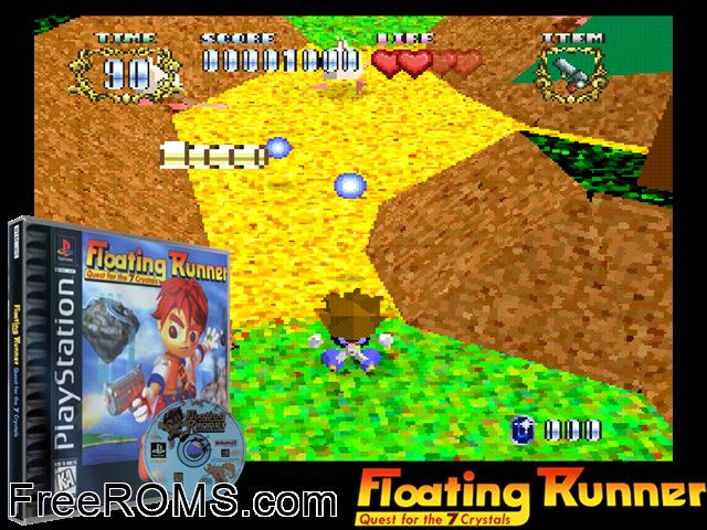 Floating Runner - Quest for the 7 Crystals PSX game showing 3D box cover and gameplay screenshot