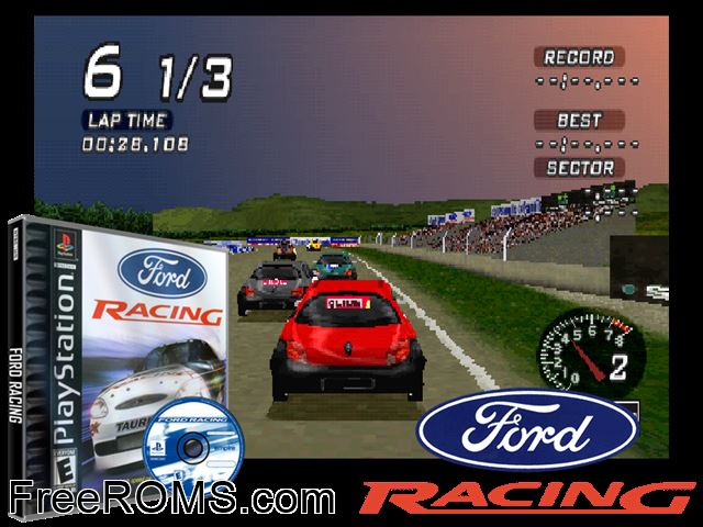 Ford Racing PSX game showing 3D box cover and gameplay screenshot
