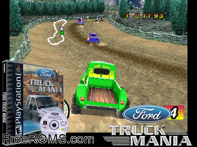 Ford Truck Mania PSX game showing 3D box cover and gameplay screenshot