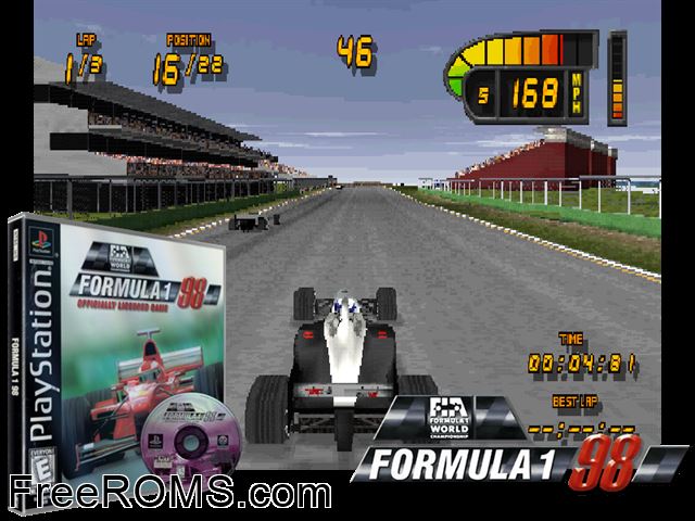 Formula 1 '98 PSX game showing 3D box cover and gameplay screenshot