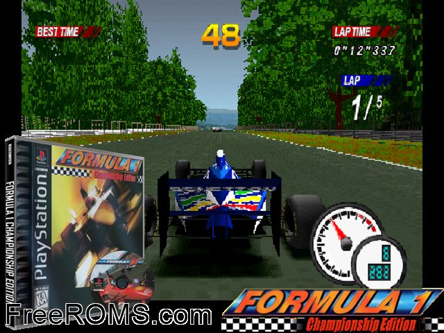 Formula 1 Championship Edition PSX game showing 3D box cover and gameplay screenshot