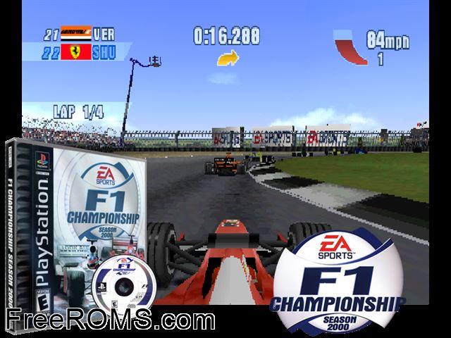 Formula 1 Championship Season 2000 PSX game showing 3D box cover and gameplay screenshot