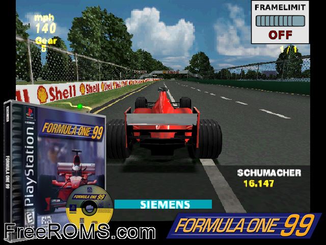 Formula One '99 PSX game showing 3D box cover and gameplay screenshot