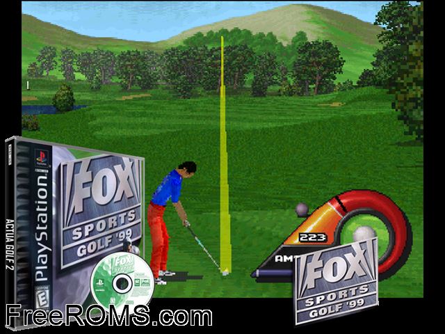 FOX Sports Golf '99 PSX game showing 3D box cover and gameplay screenshot