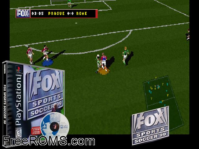 FOX Sports Soccer '99 PSX game showing 3D box cover and gameplay screenshot
