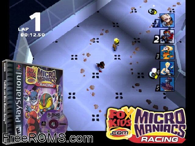 FoxKids.com - Micro Maniacs Racing PSX game showing 3D box cover and gameplay screenshot