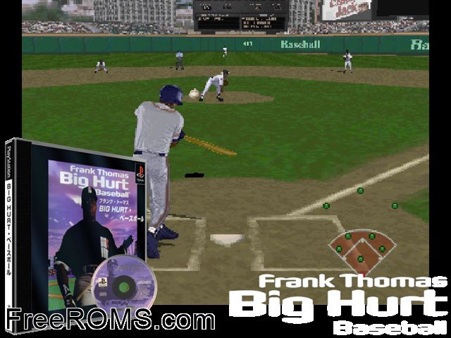 Frank Thomas Big Hurt Baseball PSX game showing 3D box cover and gameplay screenshot