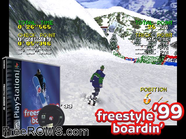 Freestyle Boardin' '99 PSX game showing 3D box cover and gameplay screenshot