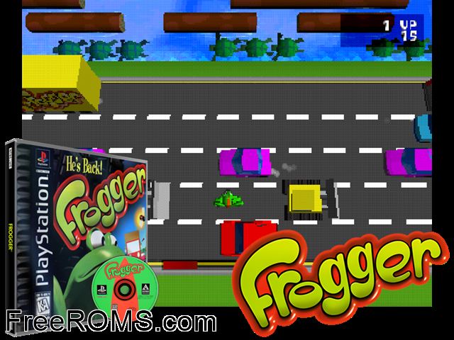 Frogger PSX game showing 3D box cover and gameplay screenshot