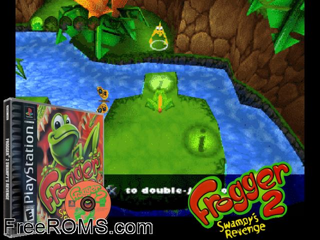 Frogger 2 - Swampys Revenge PSX game showing 3D box cover and gameplay screenshot