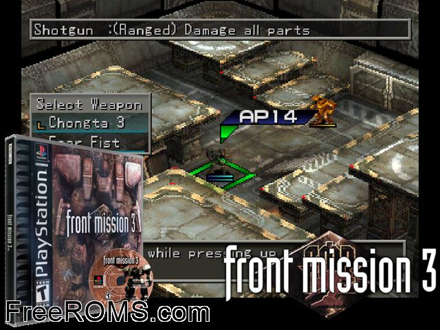 Front Mission 3 PSX game showing 3D box cover and gameplay screenshot