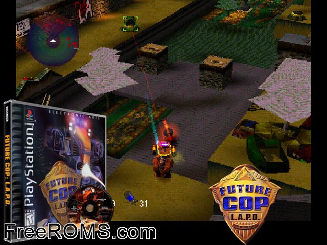 Future Cop L.A.P.D. PSX game showing 3D box cover and gameplay screenshot