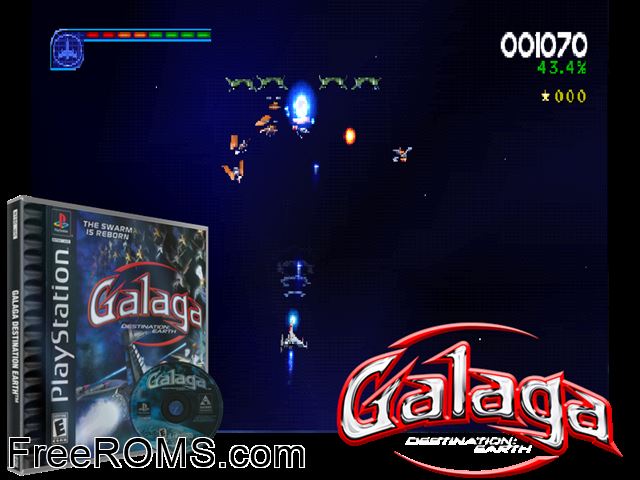 Galaga - Destination Earth PSX game showing 3D box cover and gameplay screenshot