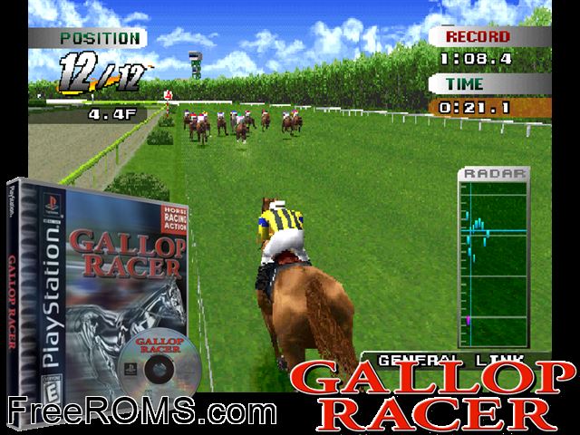 Gallop Racer PSX game showing 3D box cover and gameplay screenshot