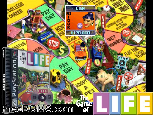 Game Of Life, The PSX game showing 3D box cover and gameplay screenshot