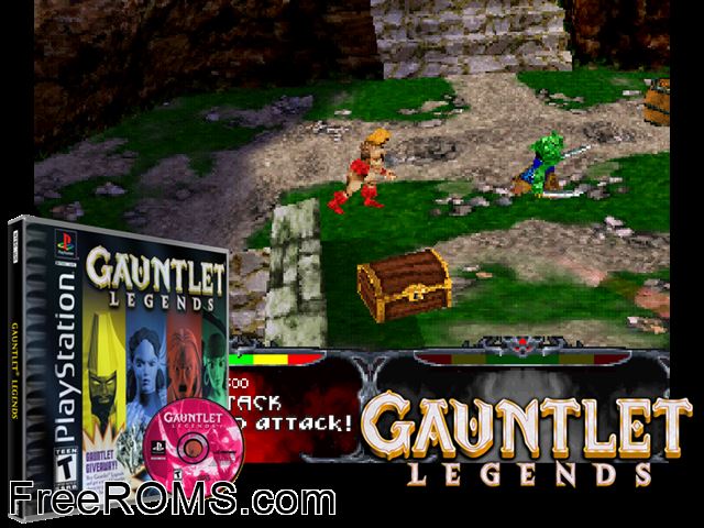 Gauntlet Legends PSX game showing 3D box cover and gameplay screenshot